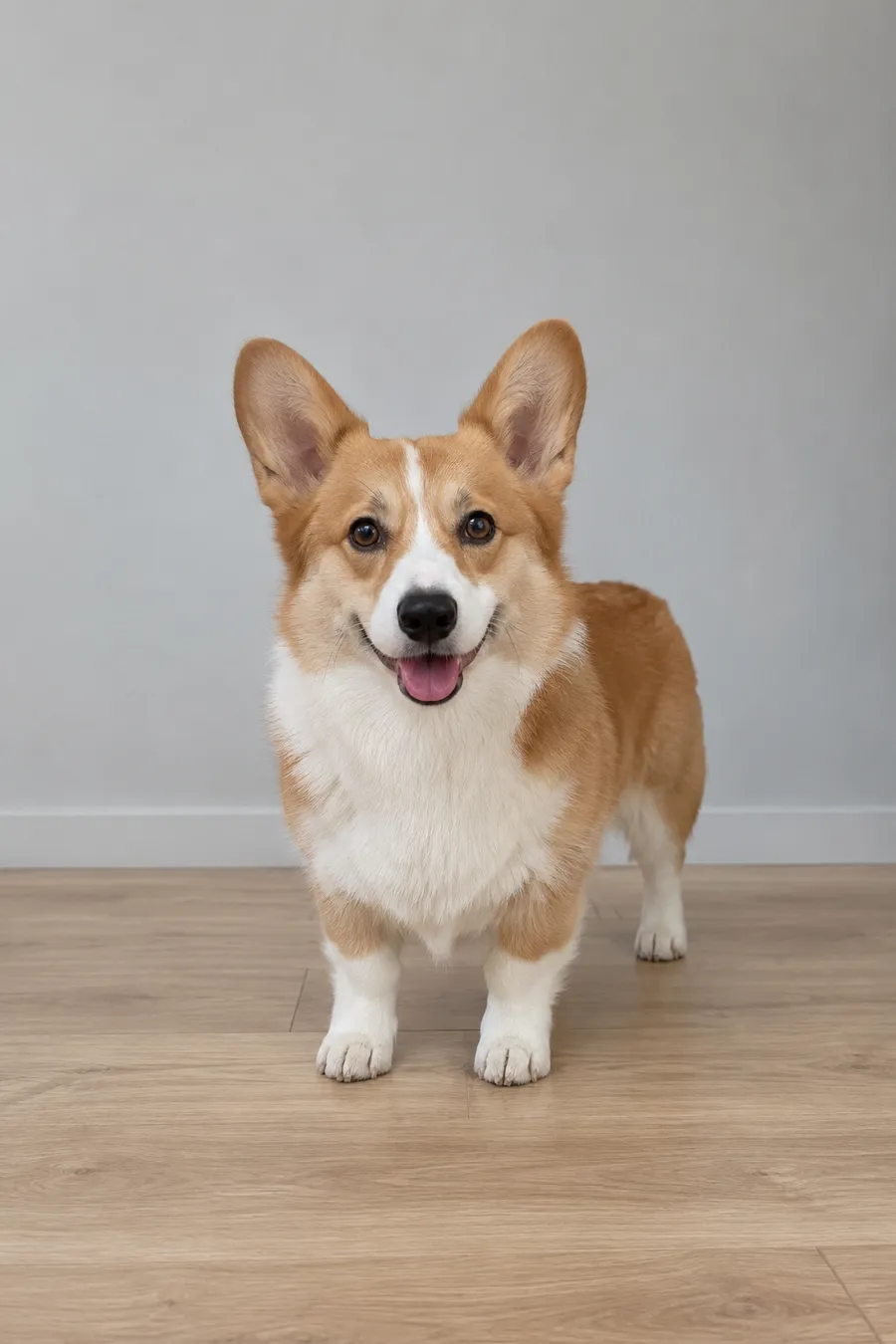Corgi sentado em um corredor, exemplo de foto de pet